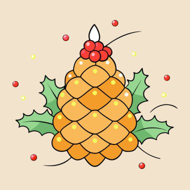 Sıcak bir Noel atmosferi, kozalaklı kırmızı böğürtlenler ve ışıldayan ışıklar. Yapay zeka üretildi. Vektör simgesi