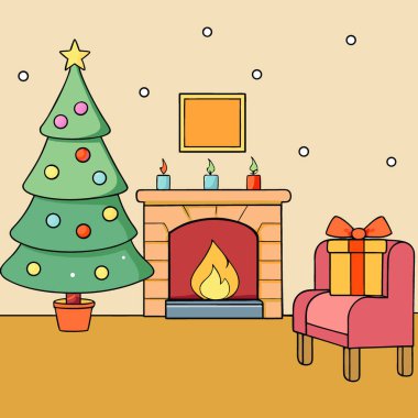 Noel için dekore edilmiş rahat bir oturma odası. Işıklı bir ağaç ve şömineyi tamamlamak. Sıcaklık yaratıyor. Yapay zeka üretildi. Vektör simgesi