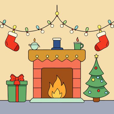 Sıcak bir Noel çorapları. Işıklar. Ve şöminenin yanında Al 'in yaptığı şenlikli dekorasyonlar. Vektör simgesi