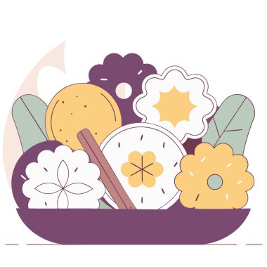 Bir tabak çeşit kurabiye ve hamur işi tabakta tarçın çubuğu. Yapay zeka üretildi. Vektör simgesi