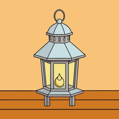Yapay zekanın ürettiği ahşap bir masanın üzerinde duran küçük metal bir fener. Vektör simgesi