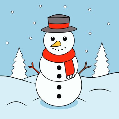 Kardan bir adam karlı bir arazide duruyor. Siyah bir şapkası var. Kırmızı bir eşarp. Ve gülümseyen bir yüz. Yapay zeka üretildi. Vektör simgesi