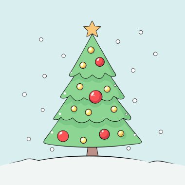 Yalnız bir Noel ağacı, süslenmiş kırmızı mücevherler karlı bir harikalar diyarında hafif kar taneleri gibi parlıyor. Yapay zeka üretildi. Vektör simgesi