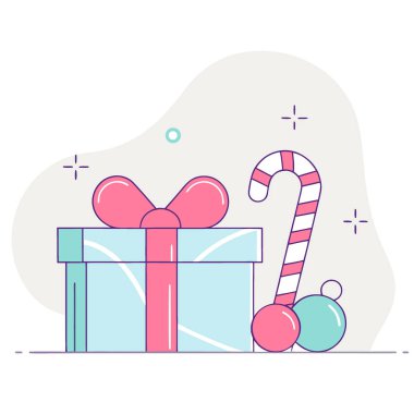 Beyaz bir arka plan yeşil bir hediye kutusu. Kırmızı ve yeşil süsler. Ve yapay zekanın ürettiği bir şeker kamışı. Vektör simgesi