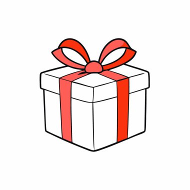 Yapay zekanın oluşturduğu beyaz bir hediye kutusu kırmızı bir kurdele etrafına bağlanmış. Vektör simgesi