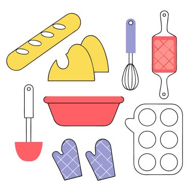 Fırın elementleri ayarlandı. Ekmek. Hamur işi. Mutfak eşyaları. Ve siluet şeklinde yemek ikonları. Yapay zeka üretildi. Vektör simgesi