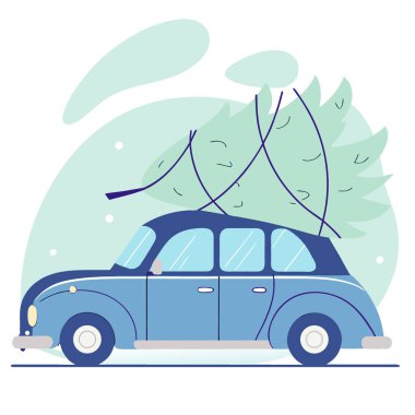 Yapay zekanın yarattığı çatıda Noel ağacı taşıyan klasik bir arabanın siyah silueti. Vektör simgesi