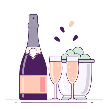 Şampanya şişesi iki köpüklü şarap bardağı. Yapay zeka üretildi. Vektör simgesi