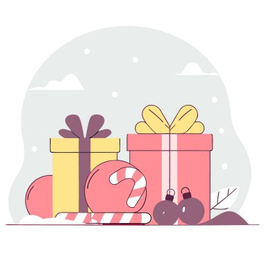 Noel kompozisyon hediye kutuları. Çubuk şeker. Ve kar mavisi arkaplanda süsler. Yapay zeka üretildi. Vektör simgesi