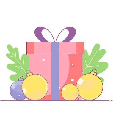 Noel hediyesi mavi kurdelesi takılarla çevrili. Kar. Ve üzerine çam ağaçları konmuş. Yapay zeka üretildi. Vektör simgesi