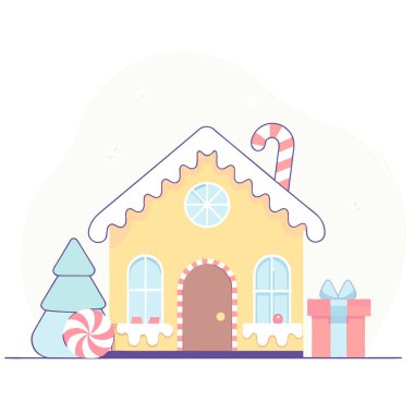 Noel kurabiyesi evi beyaz krema ve tahta masada şeker kamışı. Bayram şenliği. Yapay zeka üretildi. Vektör simgesi