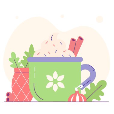 Noel sıcak içeceği yeşil kupada çırpılmış krema ahşap masa tarçın çubukları ve. Yapay zeka üretildi. Vektör simgesi