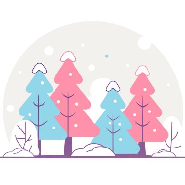 Noel karlı orman manzarası karla kaplı köknar ağaçları ve mavi gökyüzünün altında yumuşak kar yağışı yapay zeka oluşturdu. Vektör simgesi