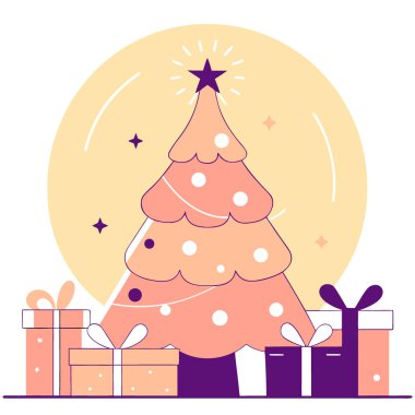 Noel ağacı güzel dekorasyonlar sunar. Işıl ışıl, altın bir bayram tebriği. Yapay zeka üretildi. Vektör simgesi