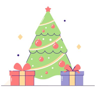 Noel Ağacı Kırmızı ve Altın Süsler. Kurdeleler. Ve Karlı Mat 'e Paketlenmiş Hediyeler. Yapay zeka üretildi. Vektör simgesi