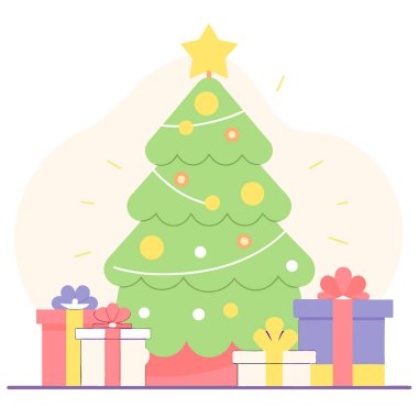 Noel Ağacı Kırmızı ve Altın Süsler. Sıcak Beyaz Işıklar. ve Altın Yıldız Topper. Yapay zeka üretildi. Vektör simgesi