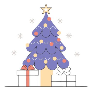 Noel ağacı kırmızısı. Altın rengi. Ve sarı süsler. Kırmızı kurdeleler. Ve paketlenmiş hediyeler. Yapay zeka üretildi. Vektör simgesi