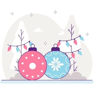 Kar ağacı dalları ve Noel ışıkları üzerine Noel beyaz süslemeleri. Kış Dekorasyonu. Yapay zeka üretildi. Vektör simgesi