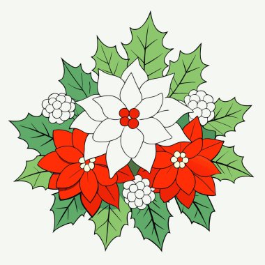 Kırmızı ve beyaz çiçeklerin yer aldığı güzel Noel çiçeklerinin yakın çekimi. Çam kozalakları. ve. Yapay zeka üretildi. Vektör simgesi