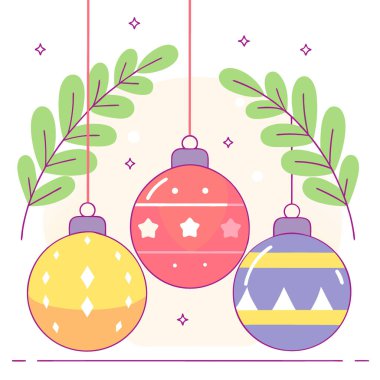 Karlı çam dallarından sarkan buzlu altın Noel toplarının yakın çekimi. bir klasik yaratmak ve. Yapay zeka üretildi. Vektör simgesi