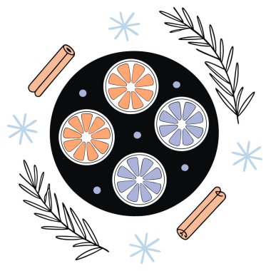 Konforlu ve doğal portakal dilimleri. Tarçın çubukları. Ve beyaz üzerine biberiye. Yapay zeka üretildi. Vektör simgesi