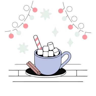 Sıcak çikolata şekerlemeleri ve tarçınlı tarçınlı ekmek. Neşeli bulanık ışıklar içeri girdi. Yapay zeka üretildi. Vektör simgesi