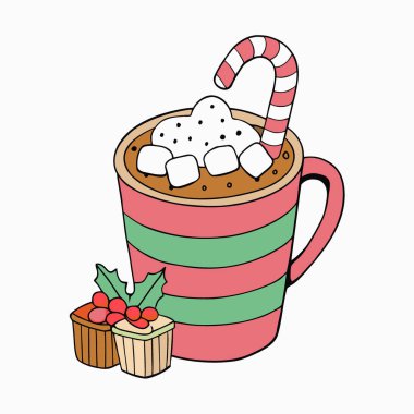 Sıcak kakaolu şekerlemeler ve kırsal beyaz ahşap bir masada bayram sepeti. Yapay zeka üretildi. Vektör simgesi