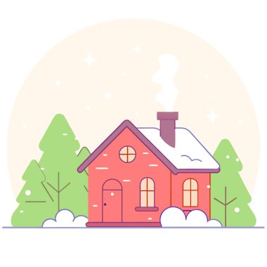 Kış gecesi, yıldızlı alacakaranlık gökyüzünün altında, karlı ormandaki rahat ahşap kulübe. Yapay zeka üretildi. Vektör simgesi