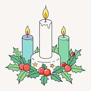 Etrafı yeşiller ve renkli Noel süsleriyle çevrili zarif tatil süsü beyaz mumlar. Yapay zeka üretildi. Vektör simgesi