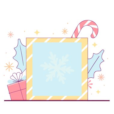 Zarif Kırmızı ve Altın Noel kartı Şeker Çubukları. Holly Leaves. Ve Kar Tanesi Dekorasyonları. Yapay zeka üretildi. Vektör simgesi