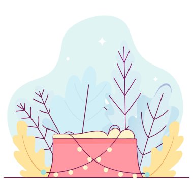 Noel için arka plandaki çam dalları ve kırmızı kumaşın üzerindeki ışıklar. Yapay zeka üretildi. Vektör simgesi