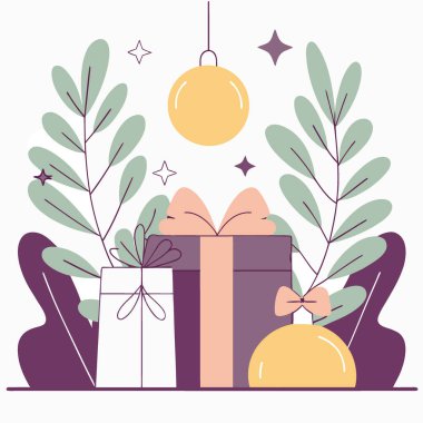 Noel kutlaması kırmızı süslemeleri düzenliyor. Altın takılar. Ve yeşil çam dalları. Yapay zeka üretildi. Vektör simgesi