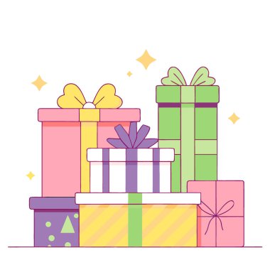 Noel için hediye kutuları. Farklı renkler. Kırmızı. Yeşil. Beyaz. Altın. Kurdeleler. Sıcak bir tatil. Yapay zeka üretildi. Vektör simgesi