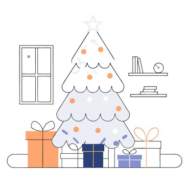 Şenlikli Noel sahnesi sunar. Tatil ışıkları. Ve kapalı alanda süslenmiş ağaçlar. Yapay zeka üretildi. Vektör simgesi