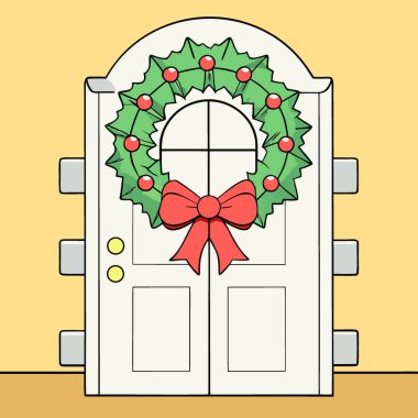 Şenlikli Noel çelengi kırmızı bir fiyonk ve siyah bir kapının yanında beyaz bir ön kapıyı süsleyen çanlar. Yapay zeka üretildi. Vektör simgesi