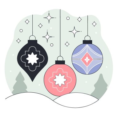 Dijital Yıldızlı Geceler Bokeh 'inde sallanan neşeli Geometrik Noel Süslemeleri. Yapay zeka üretildi. Vektör simgesi