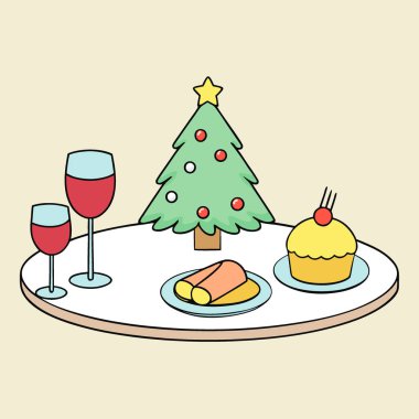Şarap kadehi ve yemek tabağını Noel ağacının yanına kuran şenlikli bir akşam yemeği. Yapay zeka üretildi. Vektör simgesi