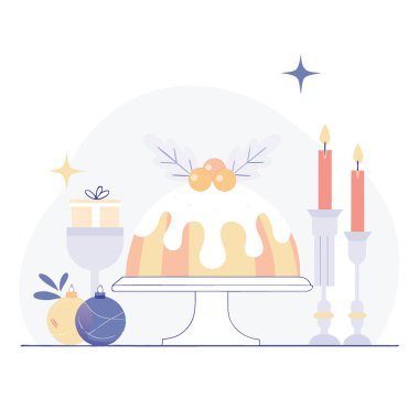 Bayram boyunca Altın Masa Dekorasyonları ve Kırmızı Mumlar üzerine sunulan Meyveli Kek. Yapay zeka üretildi. Vektör simgesi