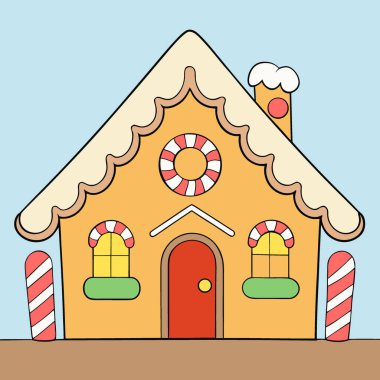 Şenlikli zencefilli kurabiye evi, şeker ve kremayla süslenmiş ve ahşap bir masanın üzerine konmuş. Yapay zeka üretildi. Vektör simgesi