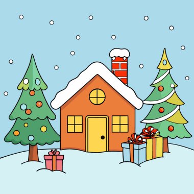 Karla kaplı, Noel ağaçları ve hediyelerle dolu rahat bir evin şenlikli kışı. Yapay zeka üretildi. Vektör simgesi