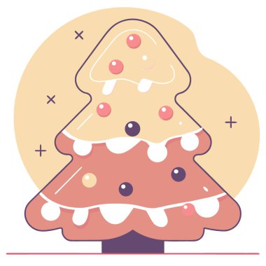 Zencefilli kek, Noel ağacı kurabiyesi, beyaz krema ve şeker. Yapay zeka üretildi. Vektör simgesi