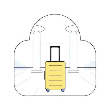 Altın renkli seyahat valizi lüks bir otel lobisinin mermer zemininde bulanık duruyor. Yapay zeka üretildi. Vektör simgesi