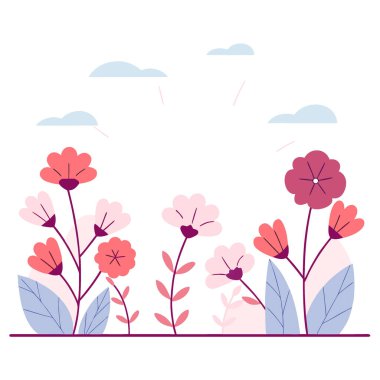 Lacivert Tropikal Orman Pembesi ve Kızıl Çiçekleri Aydınlatan Altın Gün Işığı. Yapay zeka üretildi. Vektör simgesi