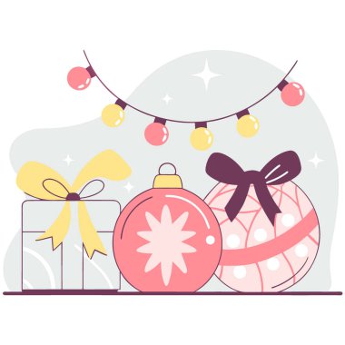 Tatil süsleri ve parıldayan ışıklar. Şenlik ruhu zarifliğini gösteren yakın plan bir fotoğraf. Yapay zeka üretildi. Vektör simgesi