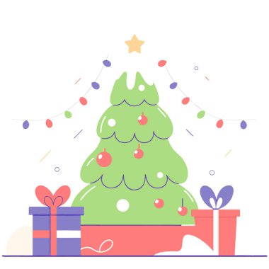 Sihirli Noel Tozlu Ağaç Işıldayan Bokeh Işıkları. Yapay zeka üretildi. Vektör simgesi