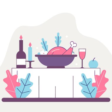 Kızarmış hindi kıtır kıtır, altın tenli, bayram sofrasında servis edilen sıcak bokeh ışıkları. Yapay zeka üretildi. Vektör simgesi