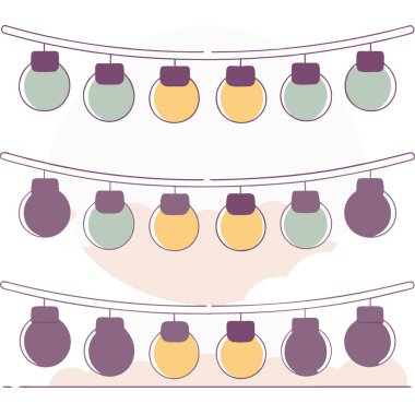 Sıralar halinde dizilmiş renkli klasik ampuller neşeli ve nostaik bir atmosfer yaratıyor. Yapay zeka üretildi. Vektör simgesi