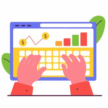 Parlak bir klavyeye finansal verileri ekrana yansıtan ellerin yakın çekimi. Yapay zeka üretildi. Vektör simgesi