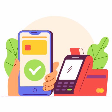 Akıllı Telefon ve Ödeme Terminali ile Temassız Ödeme Teknolojisi. Yapay zeka üretildi. Vektör simgesi