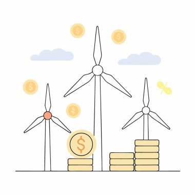 Çevre dostu mali büyüme için madeni paraların tepesinde Sürdürülebilir Yatırım Rüzgarı Türbinleri. Yapay zeka üretildi. Vektör simgesi